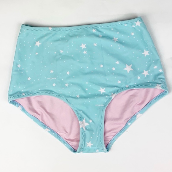 Wildfox High Waisted Blue Bikini Bottoms with White Star Print - Picture 1 of 8